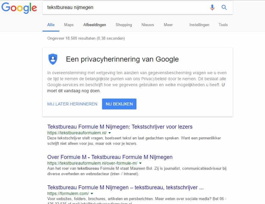tekstbureau nijmegen op google Zo staat tekstbureau Formule M Nijmegen op Google; tekstschrijver voor lezers.